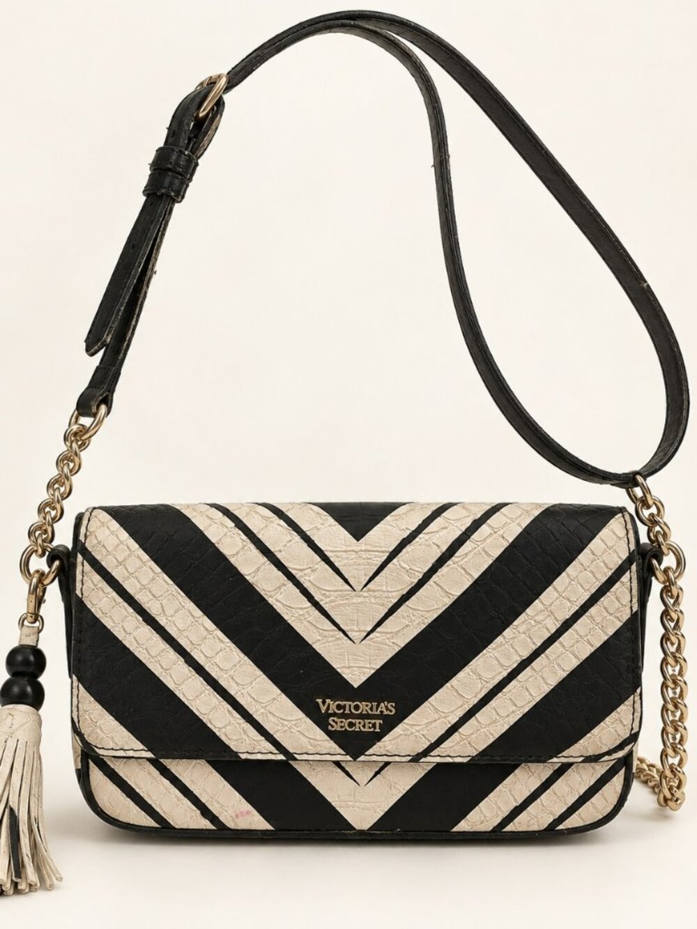 Victoria’s Secret Black Cream Chevron Chain & Tassel Crossbody